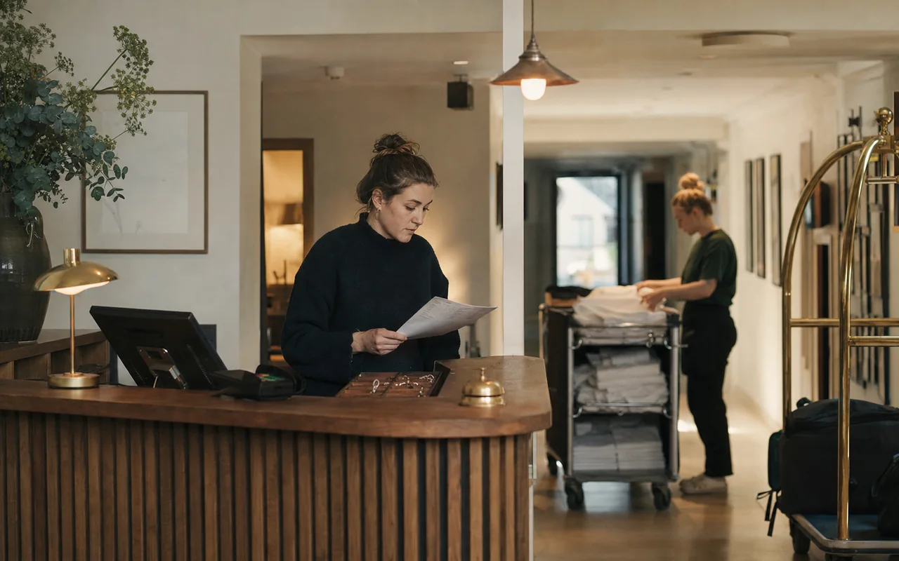 Reception and housekeeping prepare a hotel for the next shift