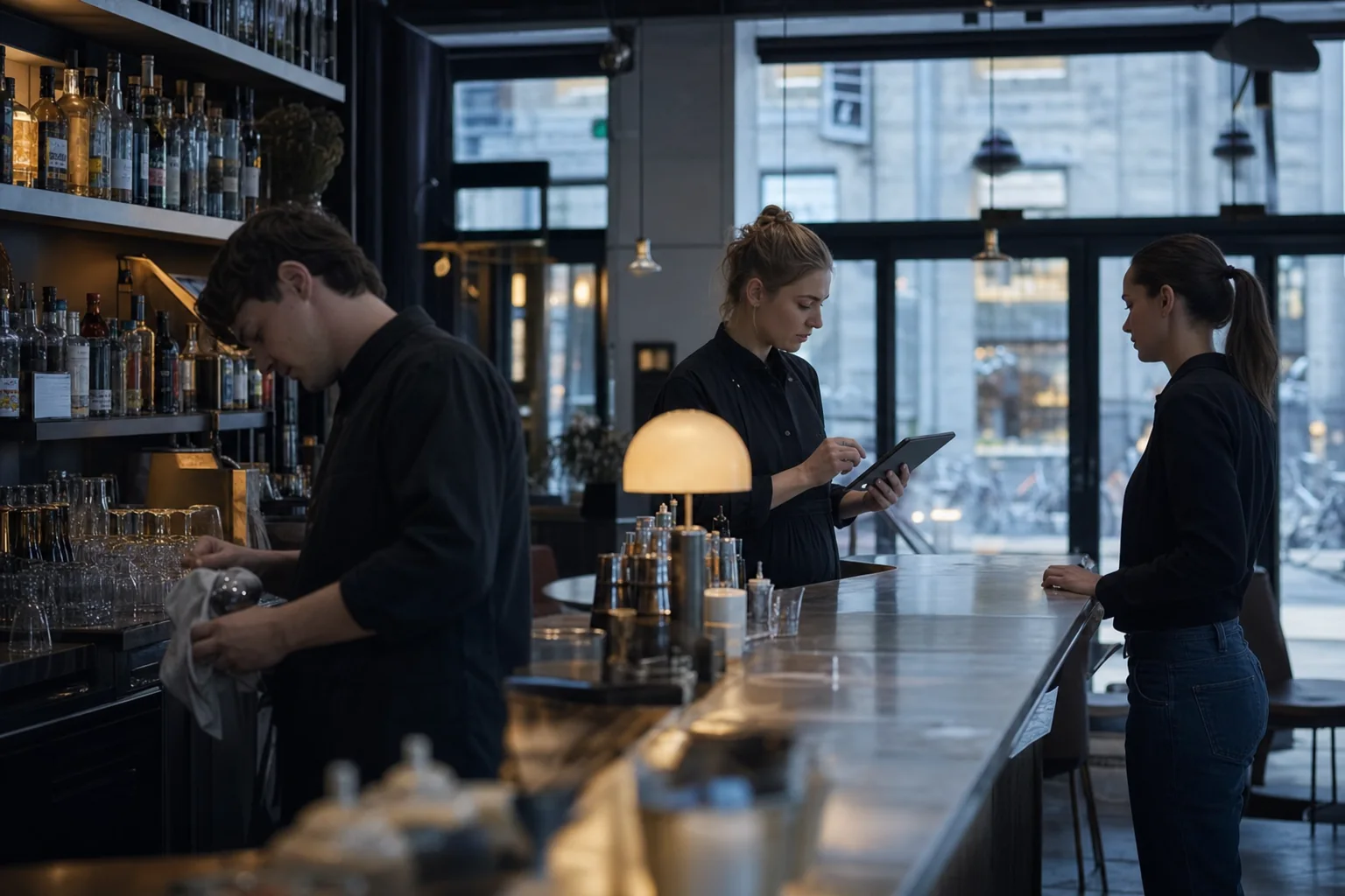 The bar manager reviews the evening's staffing with the team before opening
