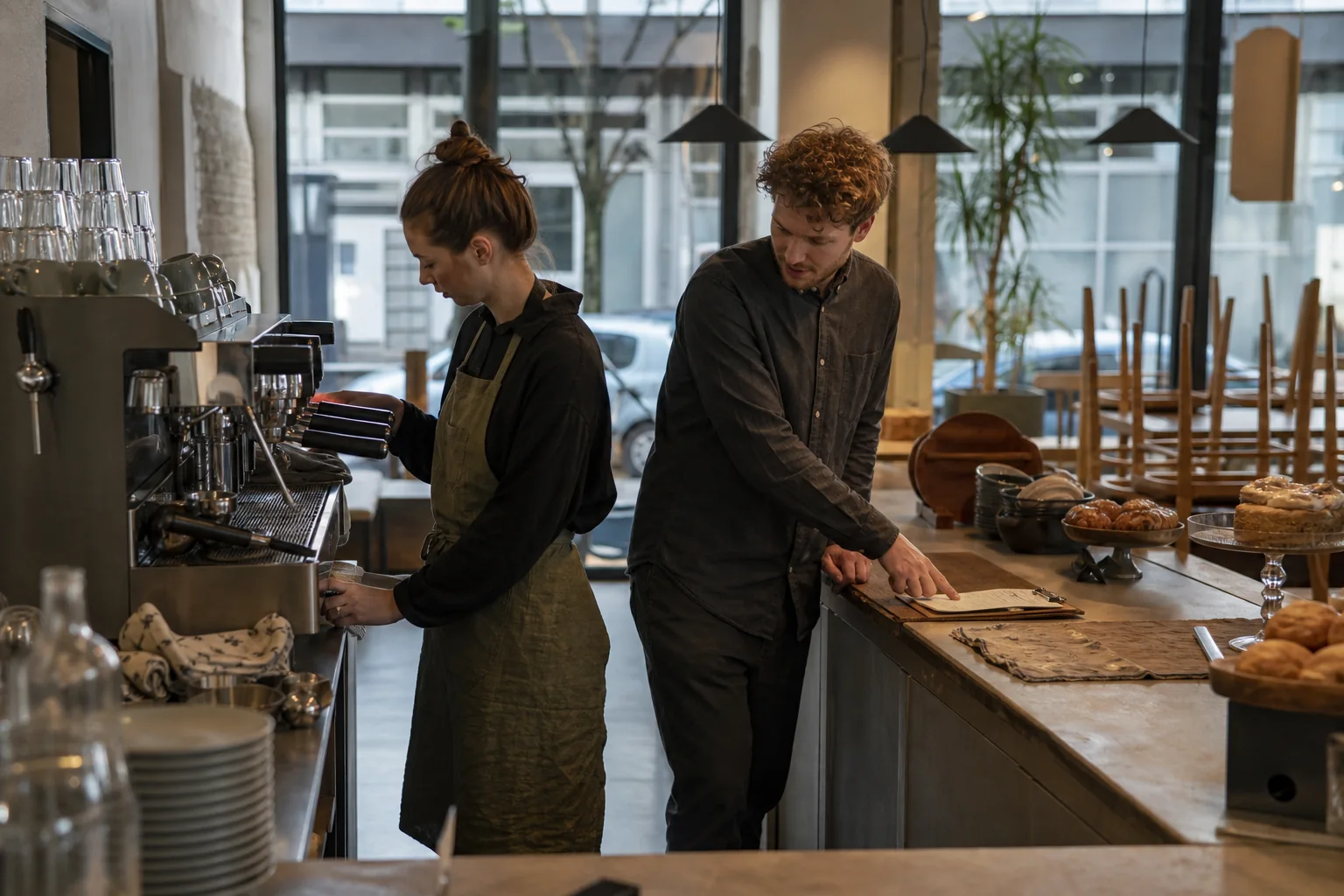 The barista and café manager coordinate the opening at the counter