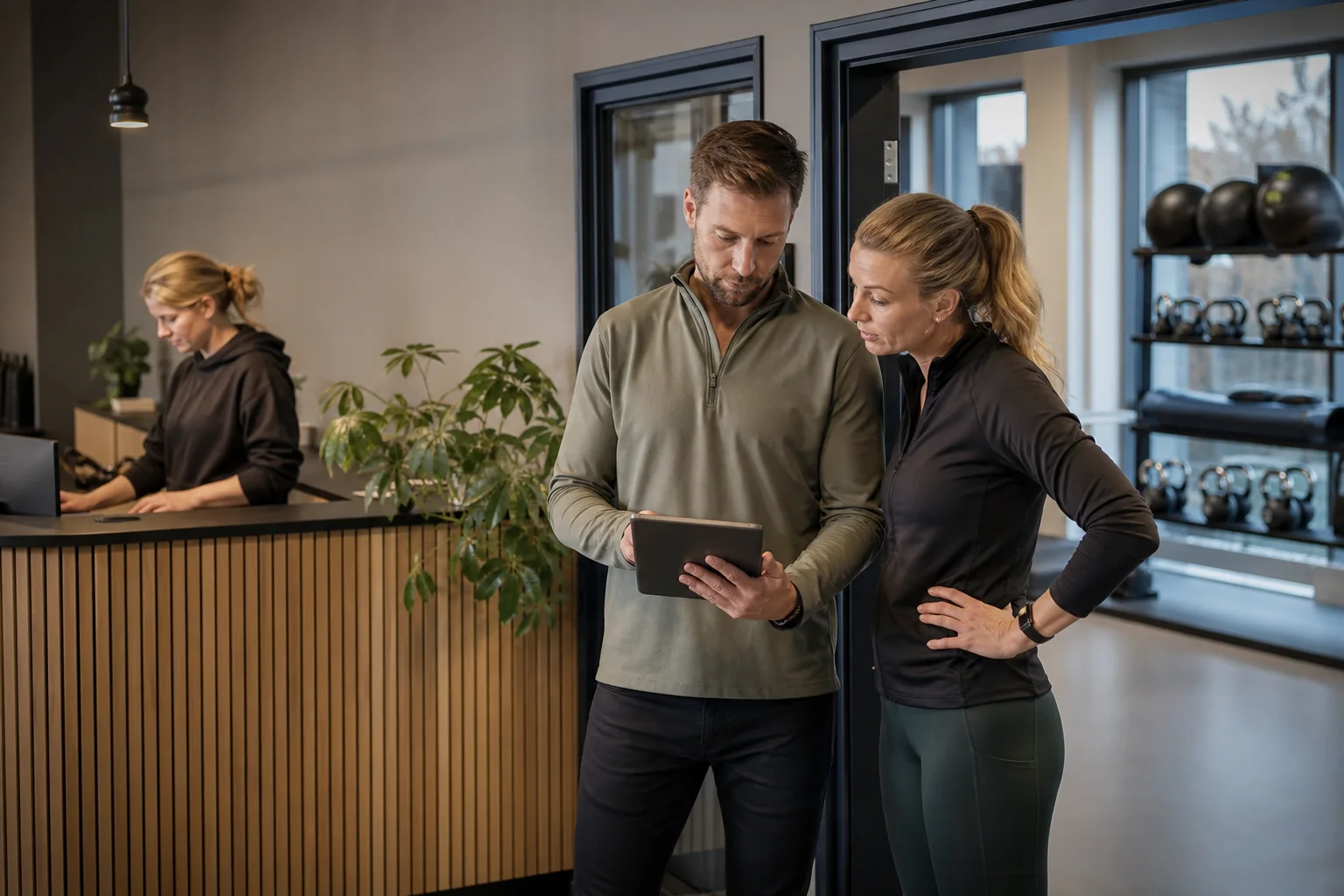 Centre manager and instructor coordinate teams and reception in a fitness centre