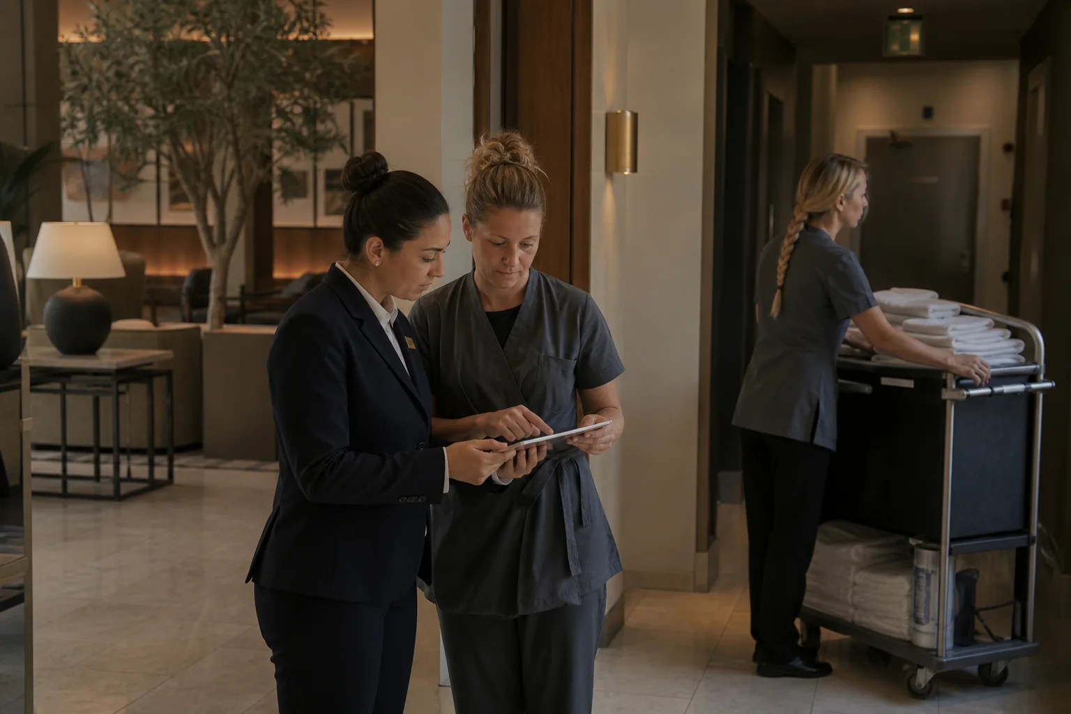 Reception and housekeeping coordinate the day's room priorities in a hotel