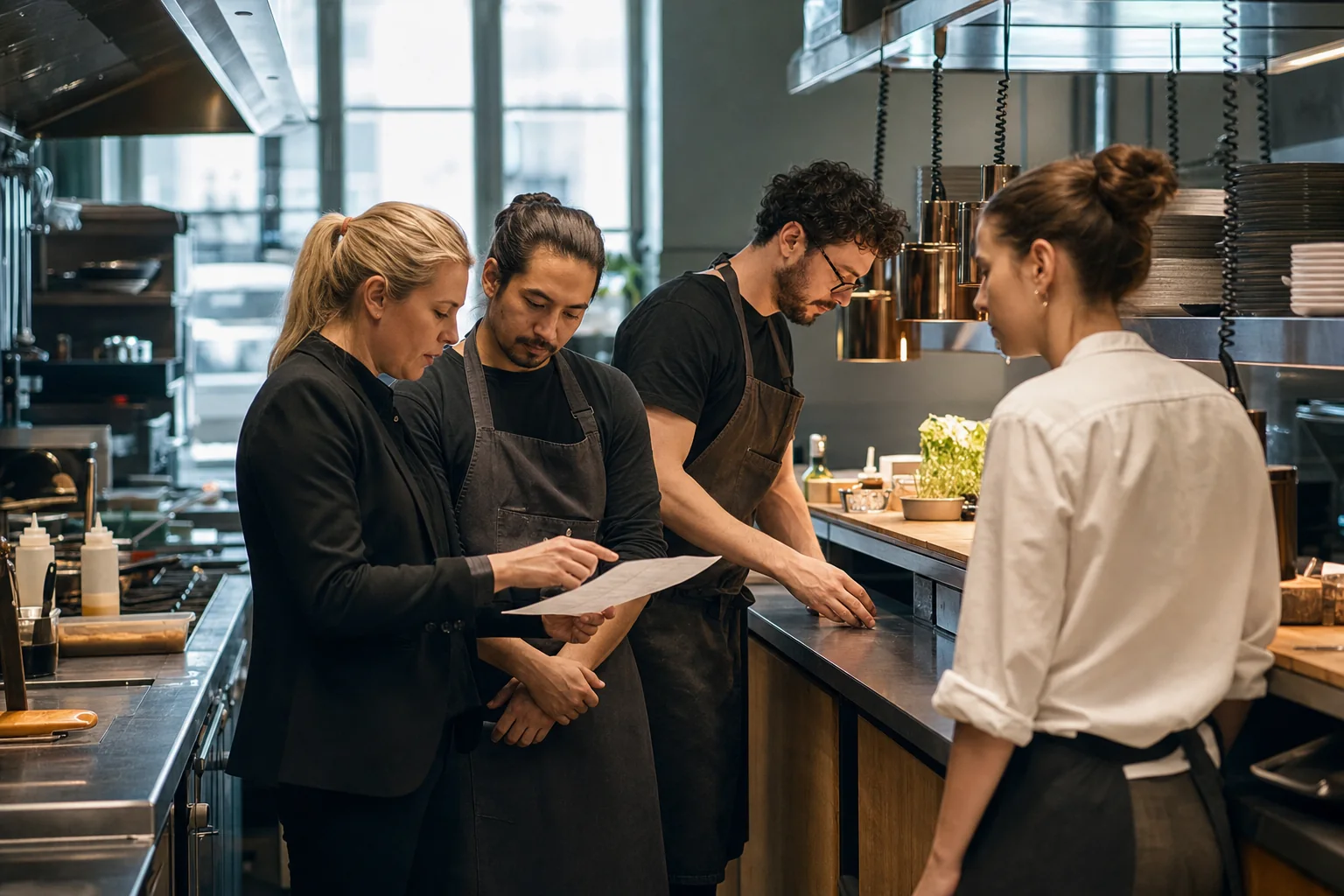 The restaurant manager gathers the kitchen and service team for a pre-opening briefing