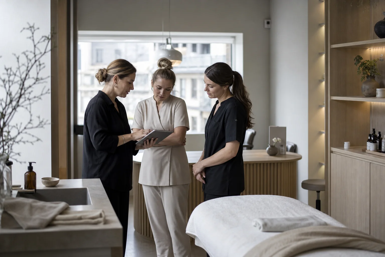The clinic manager and therapists review the day's staffing before the customers arrive